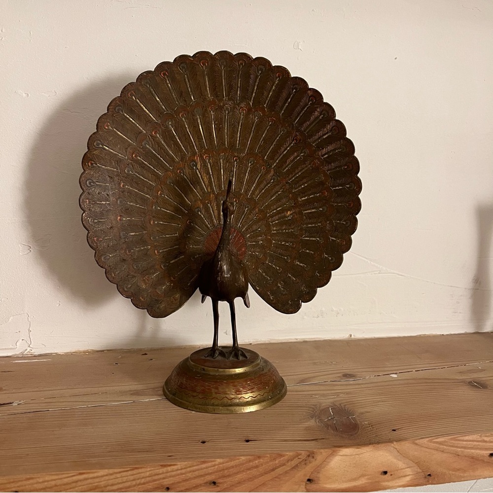 Early 20th Century Anglo-Indian Polychrome Etched Brass Peacock Figurine